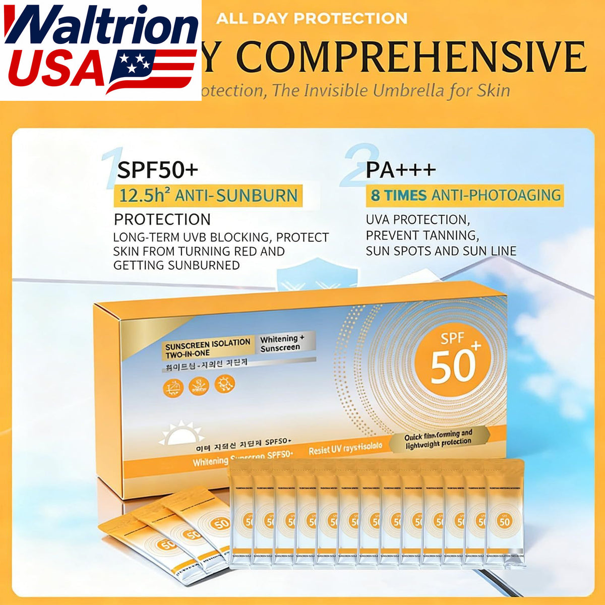 50 Pack Mini SPF 50+ Sunscreen Travel Size, Waterproof & Non-Greasy