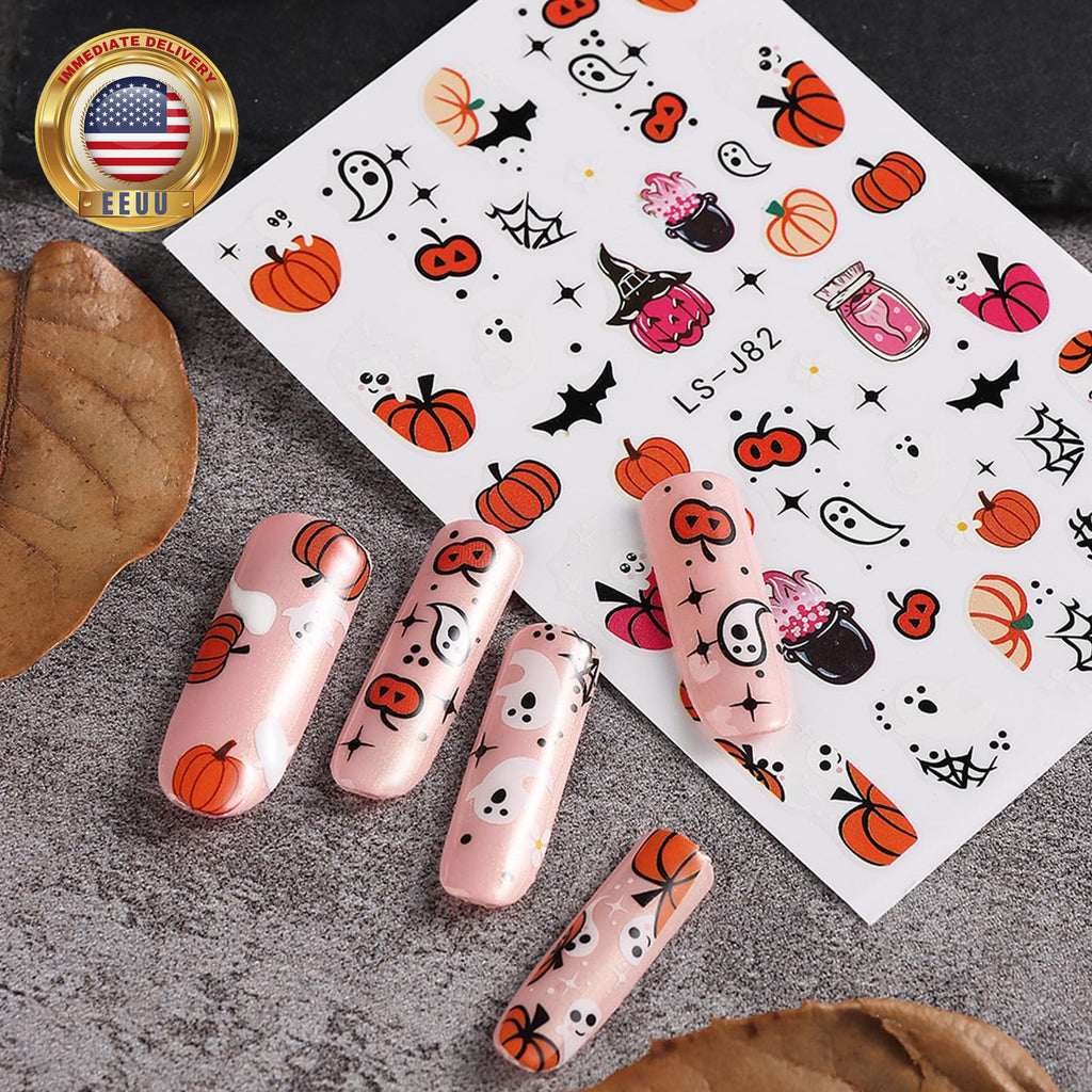 Halloween Nail Art Stickers Set - 6 Sheets with Pumpkin Ghost Skeleton Designs