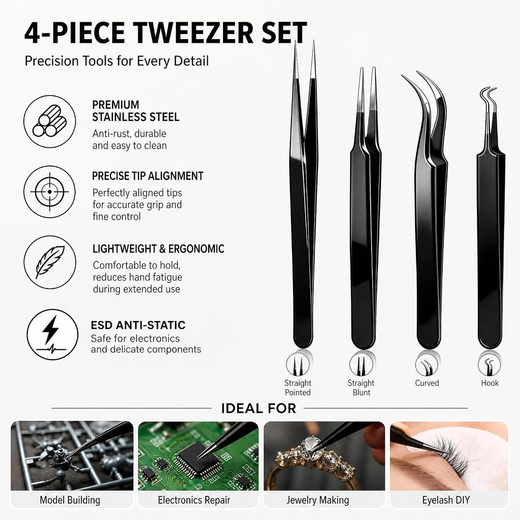 Precision Tweezers Set 4 Pack - Fine Point Curved Flat Angled for Crafts & Electronics
