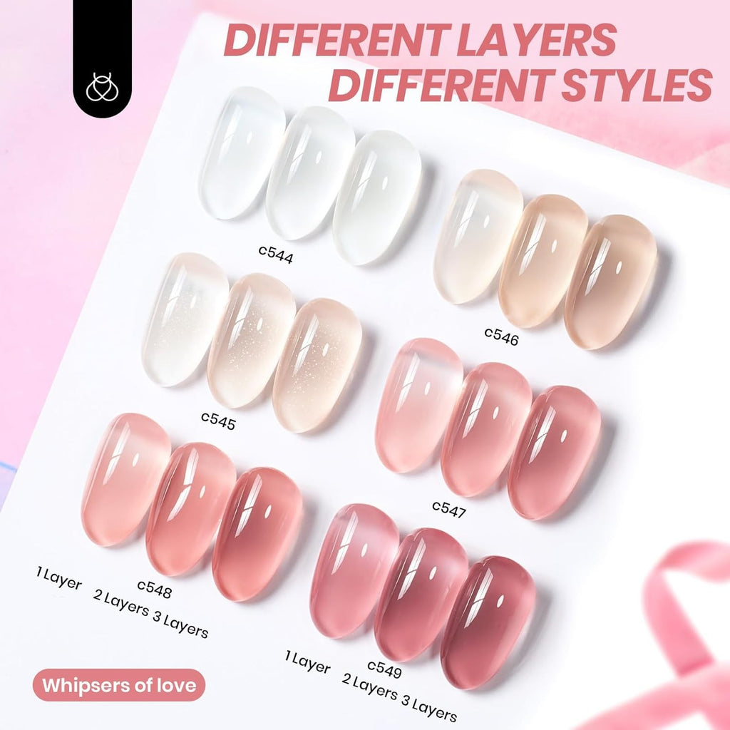 Gel Nail Polish Set - 6 Sheer Milky Pink Nude Jelly Colors for Long-Lasting Manicure