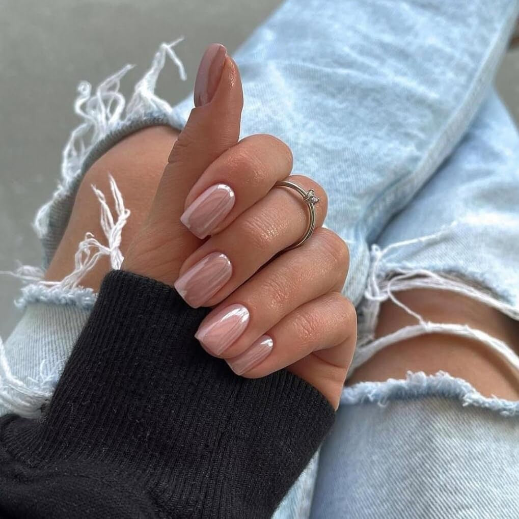 Short Nude Press On Nails with Chrome Finish - Pack of 24, Square Peach