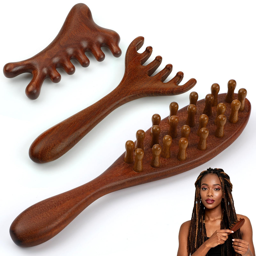 Wooden Scalp Massager Tool & Dreadlock Comb Set - Long Handle, 3 Pack