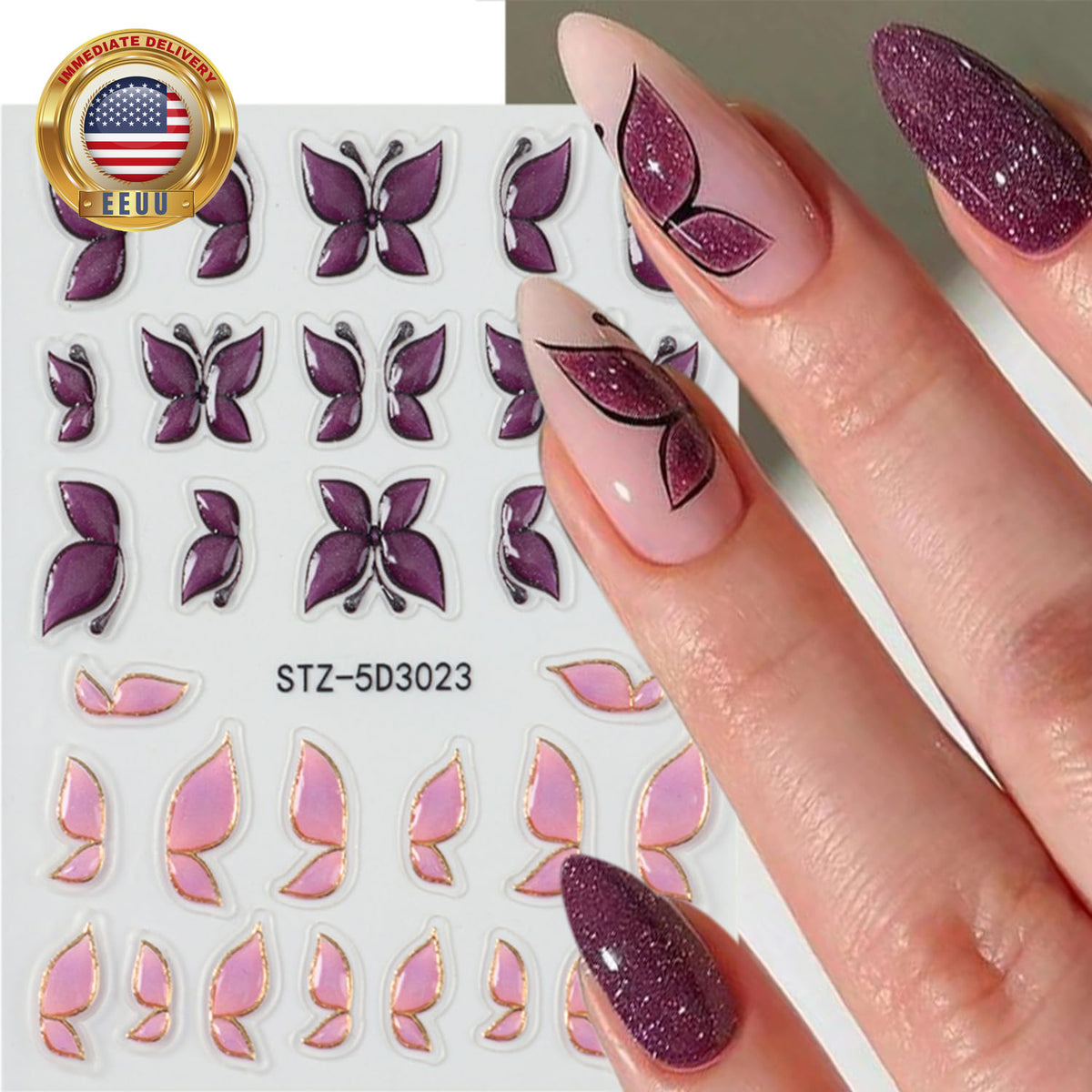 Butterfly Nail Art Stickers Set - 2 Sheets 3D Gold & Purple Decals for Manicure