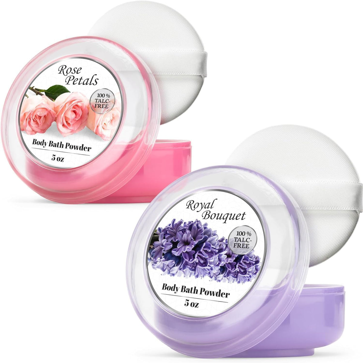 Talc-Free Body Powder for Women with Powder Puff - Rose & Bouquet Scent, 2 Pack, 5 Oz Each