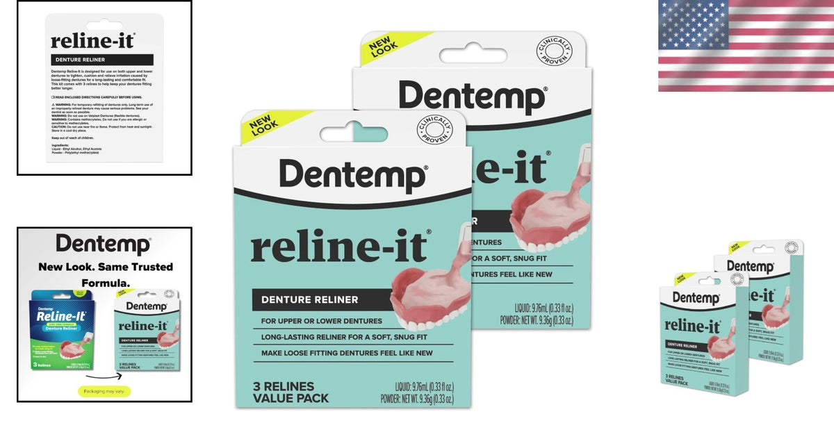 Denture Reline Kit for Upper & Lower Dentures - 2 Pack, 6 Relines, Advanced Formula