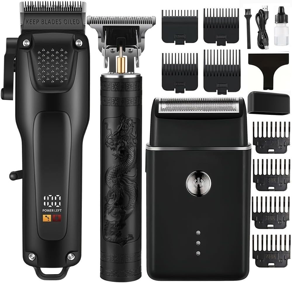 Professional Men's Hair Cutting Kit - 3-in-1 Hair Trimmer, T-Shaped Clipper & Shaver
