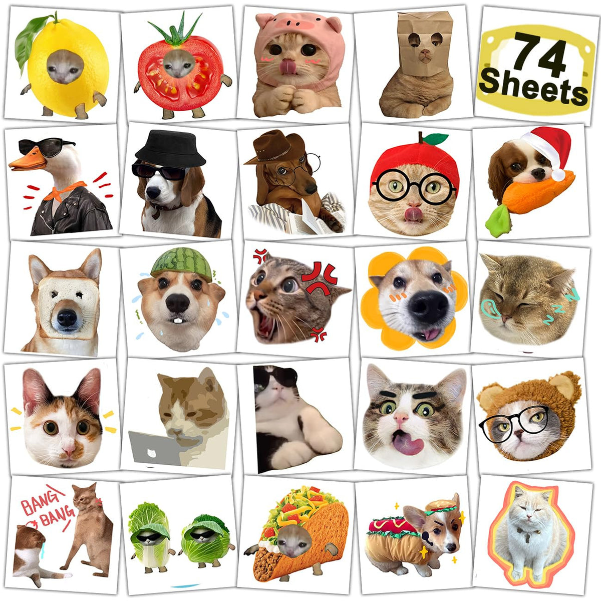 Temporary Tattoo Set - 74 Cat & Dog Meme Sheets for Kids (Kid Safe, Removable)