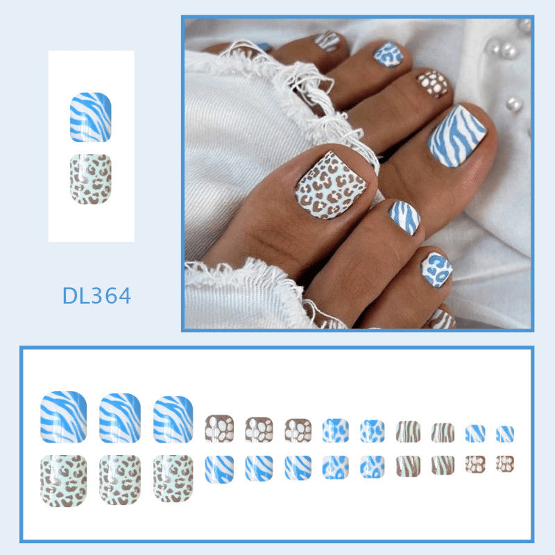 48pcs Short Square Press-On Toe Nails Blue White Leopard Zebra Print