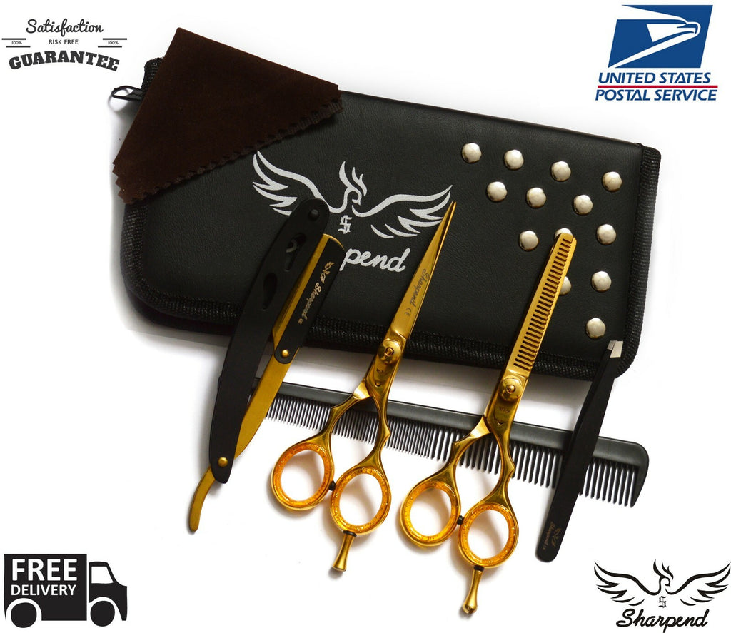 Gold 5.5 Inch Barber Hair Cutting & Thinning Scissors Set with Free Razor & Tweezer