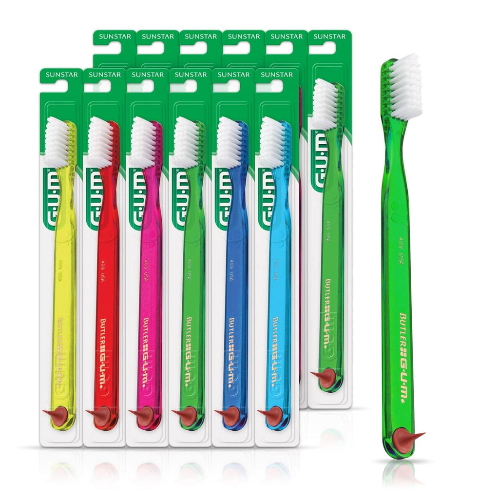 Soft Toothbrush with Dental Pick & Patented Dome Trim Bristles - Pack of 12