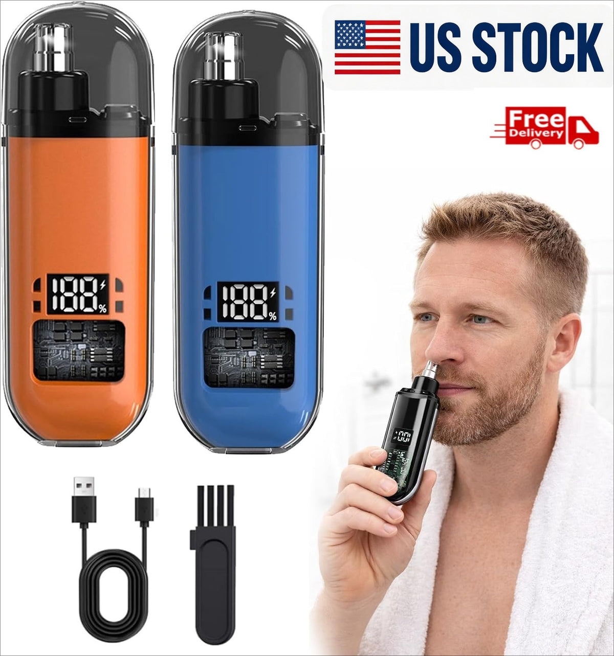 2-in-1 USB Rechargeable Nose & Ear Hair Trimmer with LED Display – Waterproof & Compact