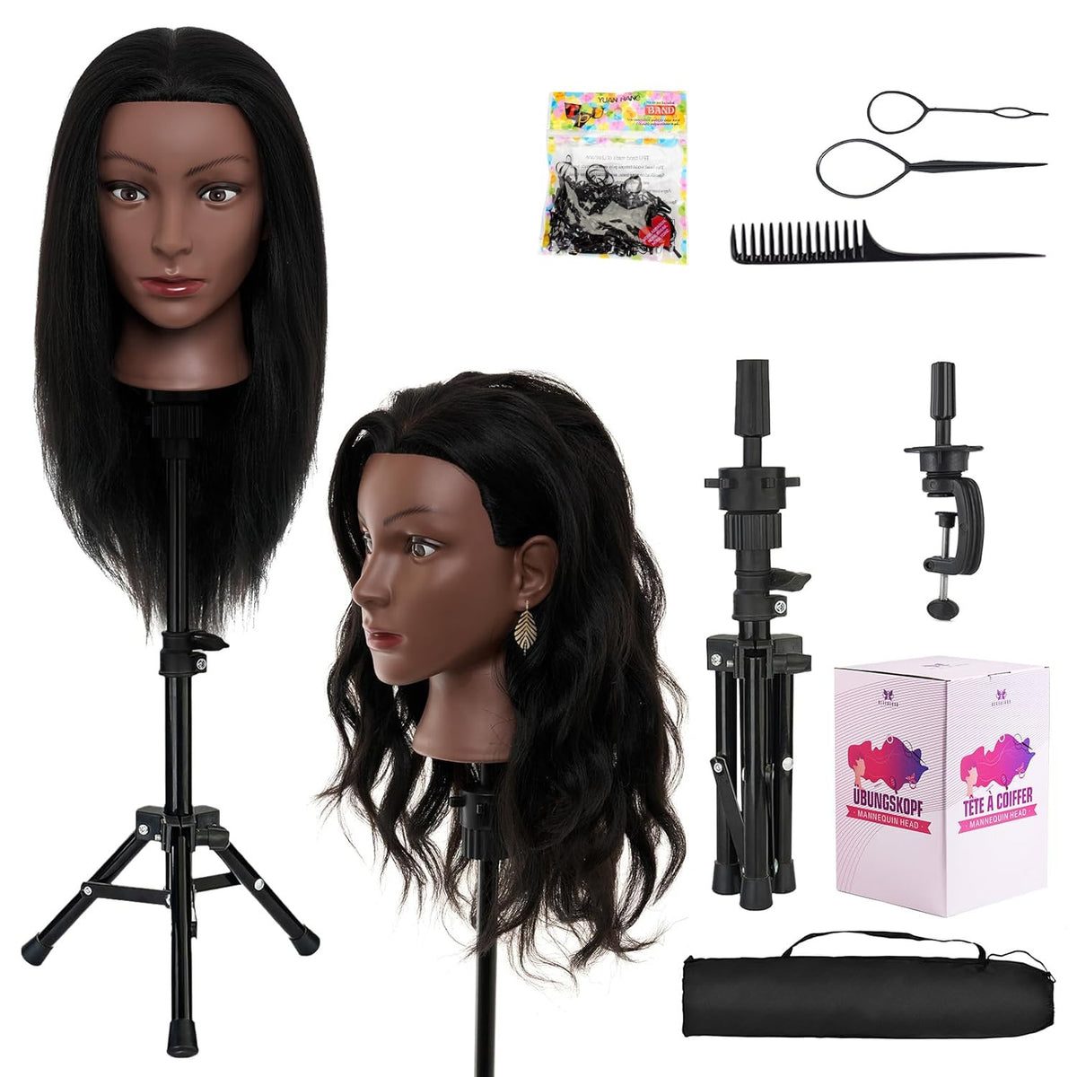 Human Hair Mannequin Head with Stand for Hair Styling and Practice