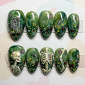Custom Handmade Halloween Green Marble Skeleton Tombstone Press-On Nails