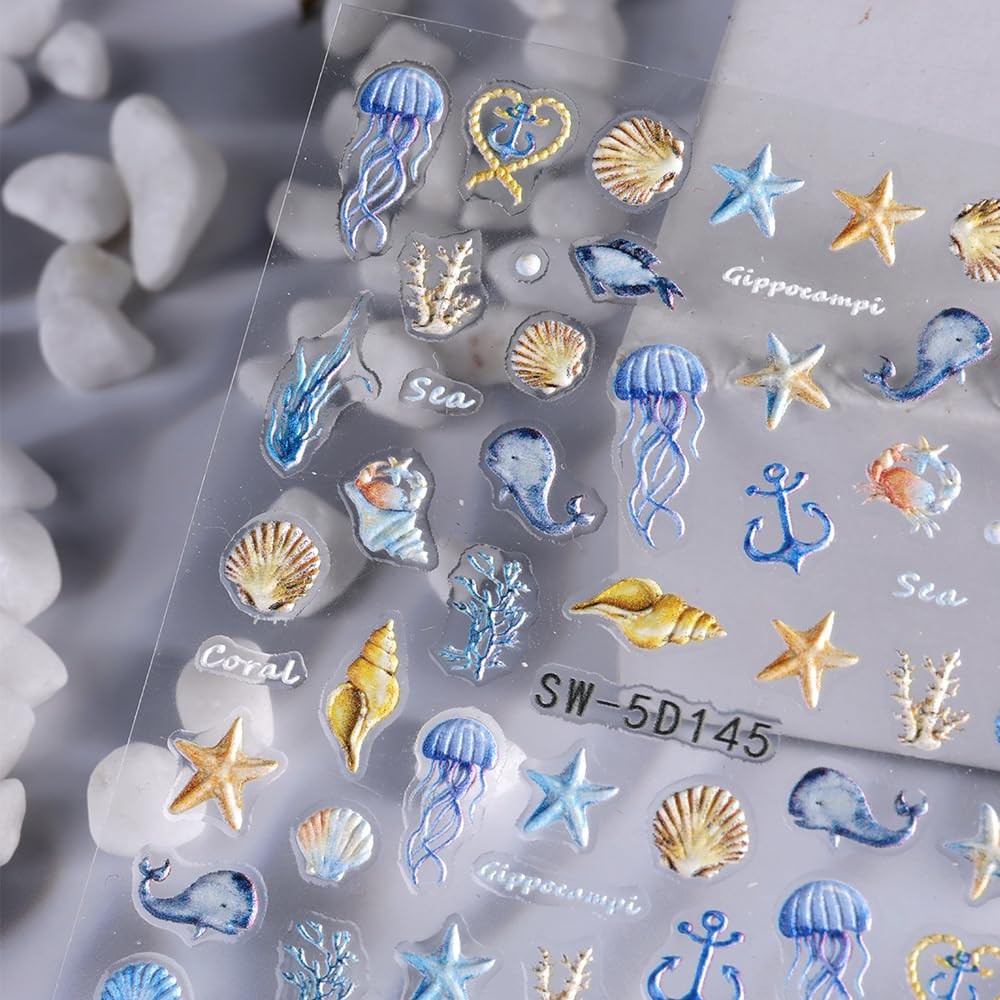 Summer Ocean Nail Stickers - 5D Embossed Shell & Sea Creatures Decals