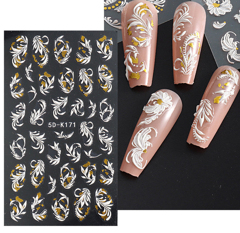5D Embossed Nail Stickers White Rose Flower Decals for Nail Art and Decor