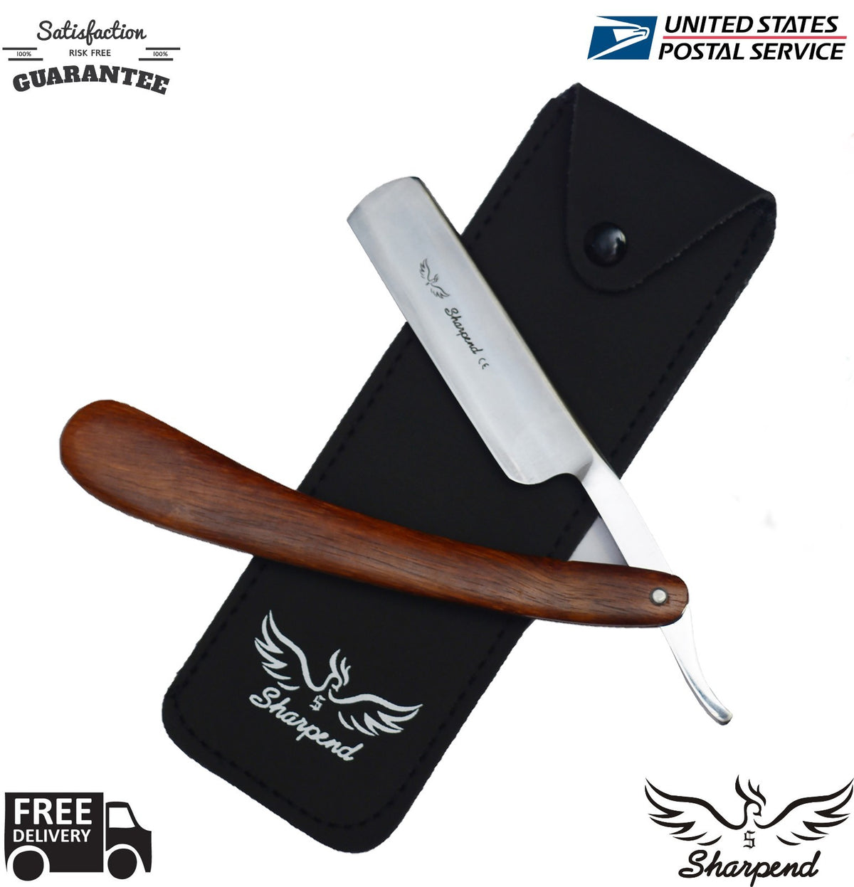 Stainless Steel Straight Razor with Wooden Handle & 10 Blades for Barbershop Shaving