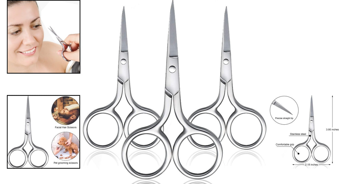 3 Pack Stainless Steel Eyebrow and Nose Hair Scissors with Straight Tips