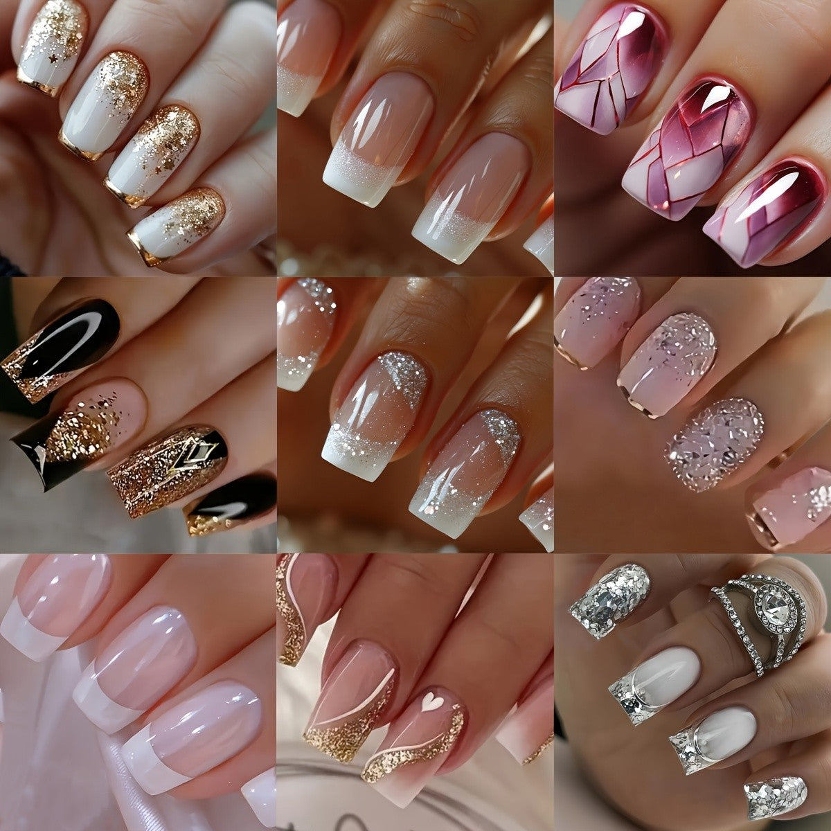 Assorted Glitter Gradient Geometric Press-On Nails Set - Reusable 216 Pieces