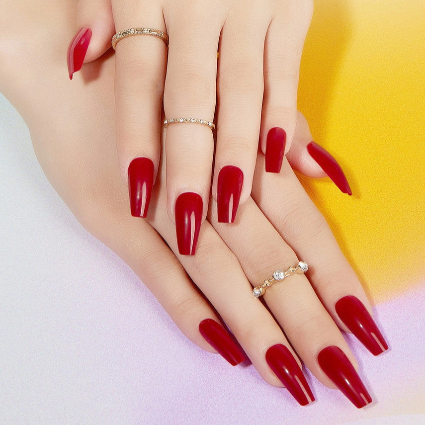 Medium Coffin Cherry Red False Nail Tips Set with Glue & File