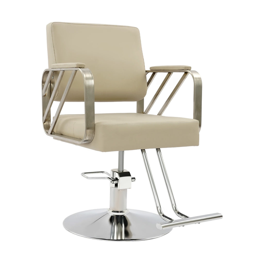 Stainless Steel Salon Chair with Beige Swivel Seat, Height Adjustable 82-92cm