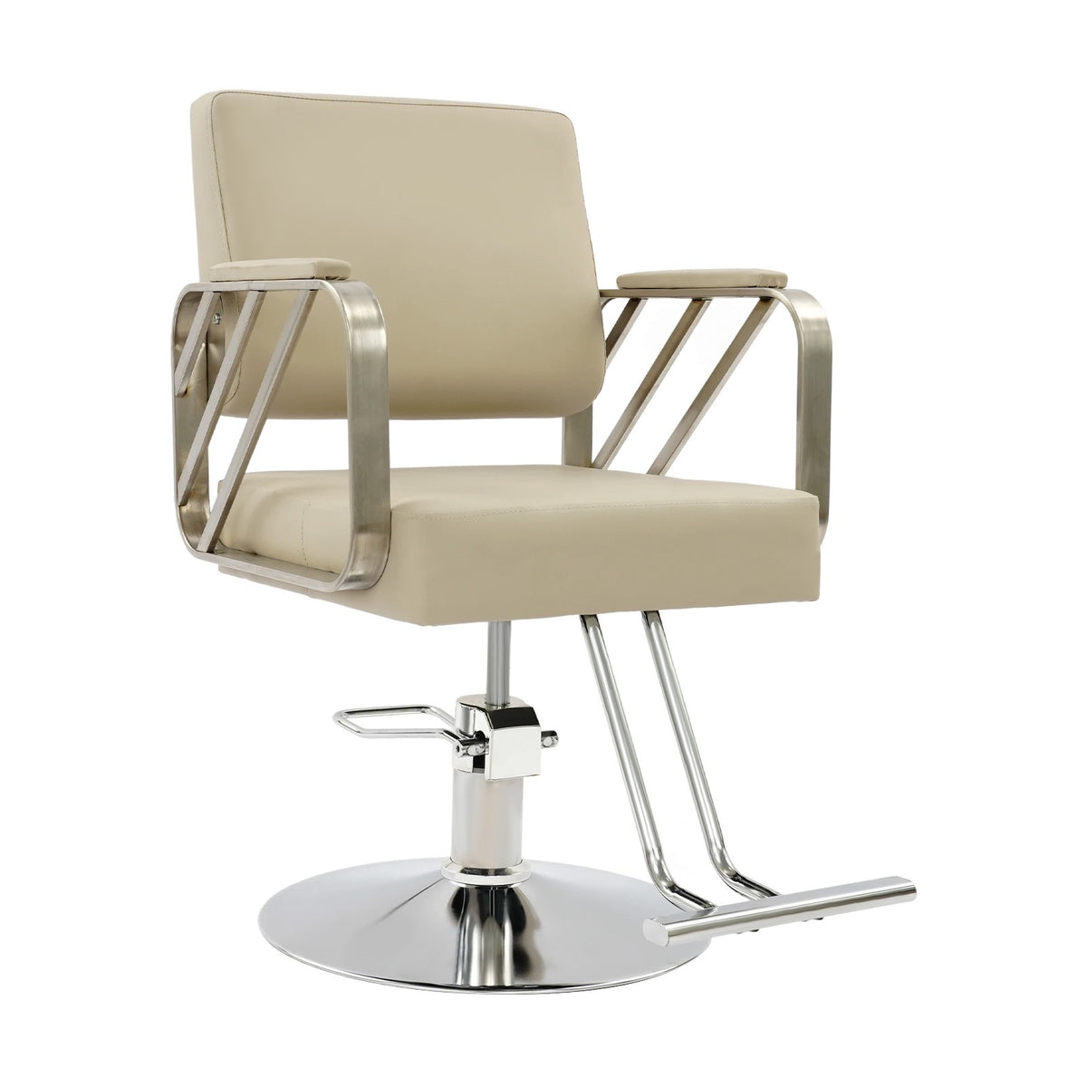 Stainless Steel Salon Chair with Beige Swivel Seat, Height Adjustable 82-92cm
