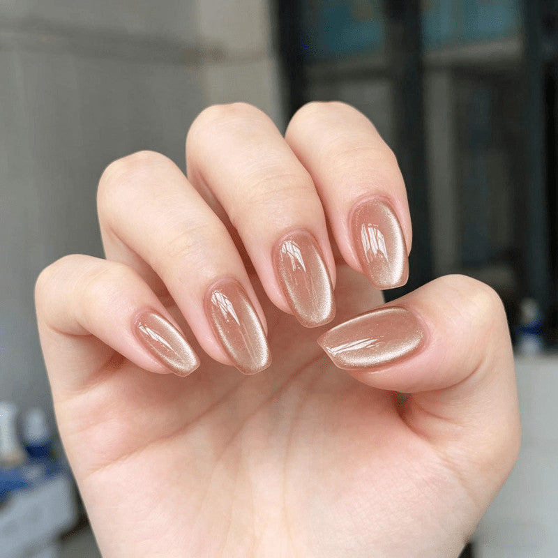 48 Pcs Medium Nude Almond Press-On Nails - Champagne Cat Eye Glossy Fake Nail Set