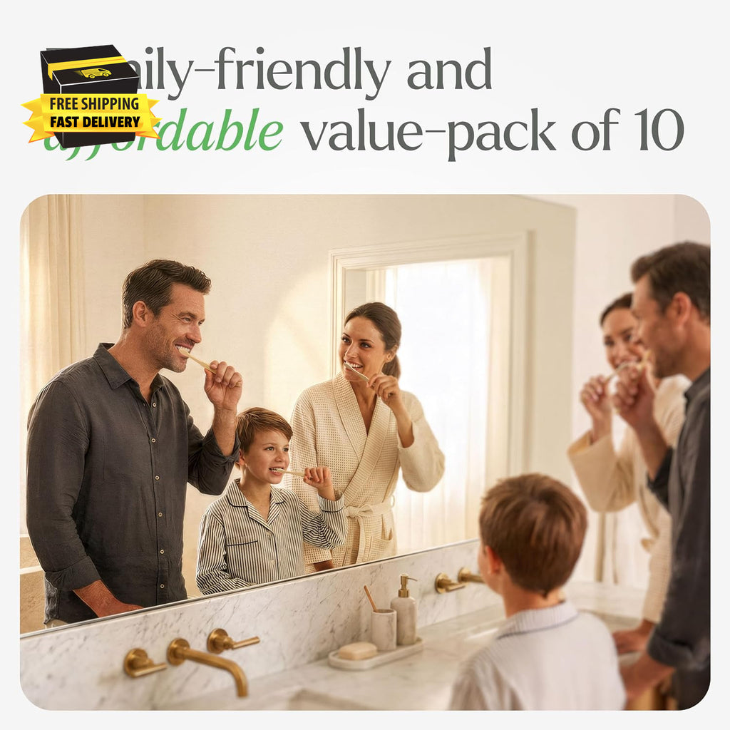 Extra Soft Adult Toothbrushes 10-Pack with Bamboo Handles & Flossing Effect