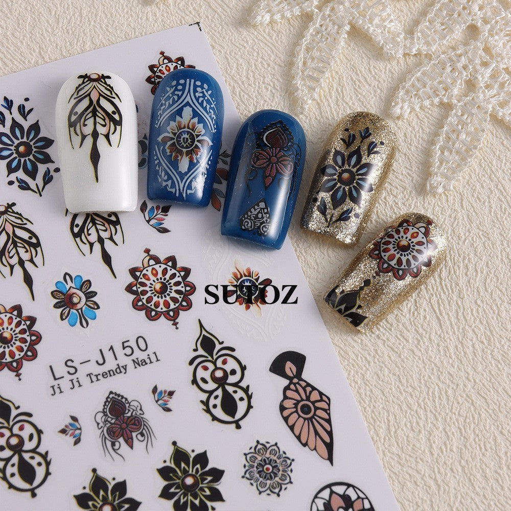 4 Sheets Nail Art Retro Bohemian Flower Stickers - Self Adhesive DIY Nail Decals
