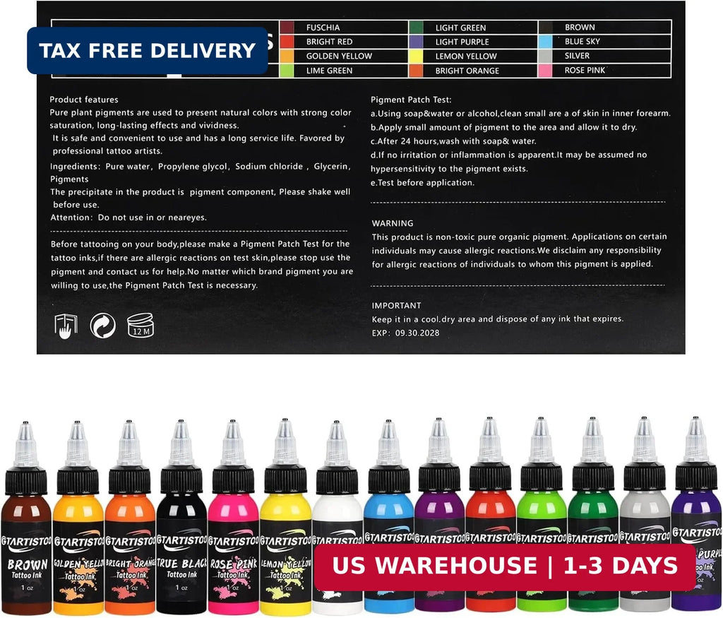 Professional Tattoo Ink Set 14 Colors 1oz (30ml) Vegan-Friendly Pigment
