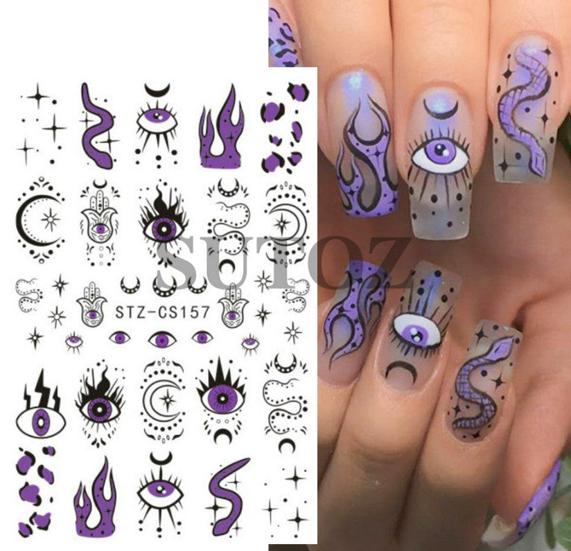 3D Evil Eye Nail Decal Stickers Self-Adhesive Moon Star Snake Design for Nail Art