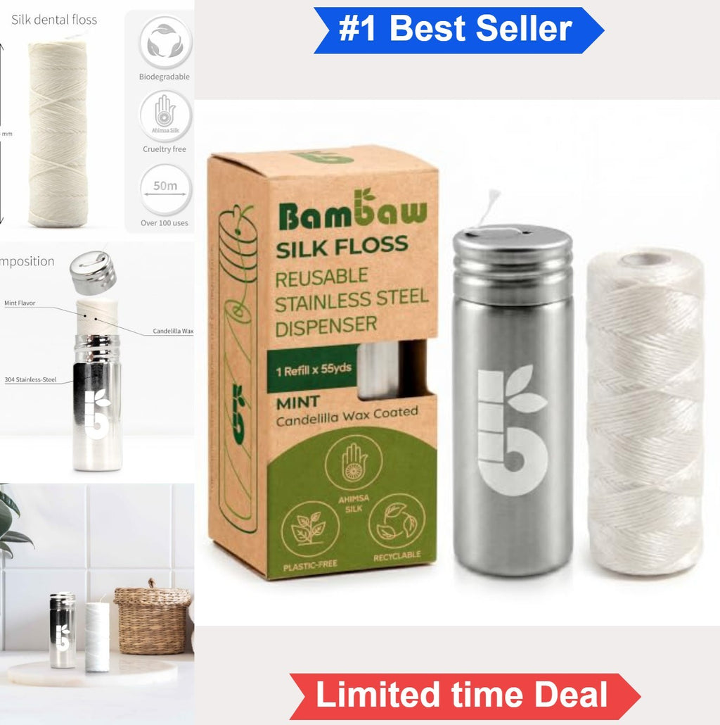 Natural Silk Dental Floss with Mint Flavor - Zero Waste Reusable Stainless Steel Dispenser, 55 Yards