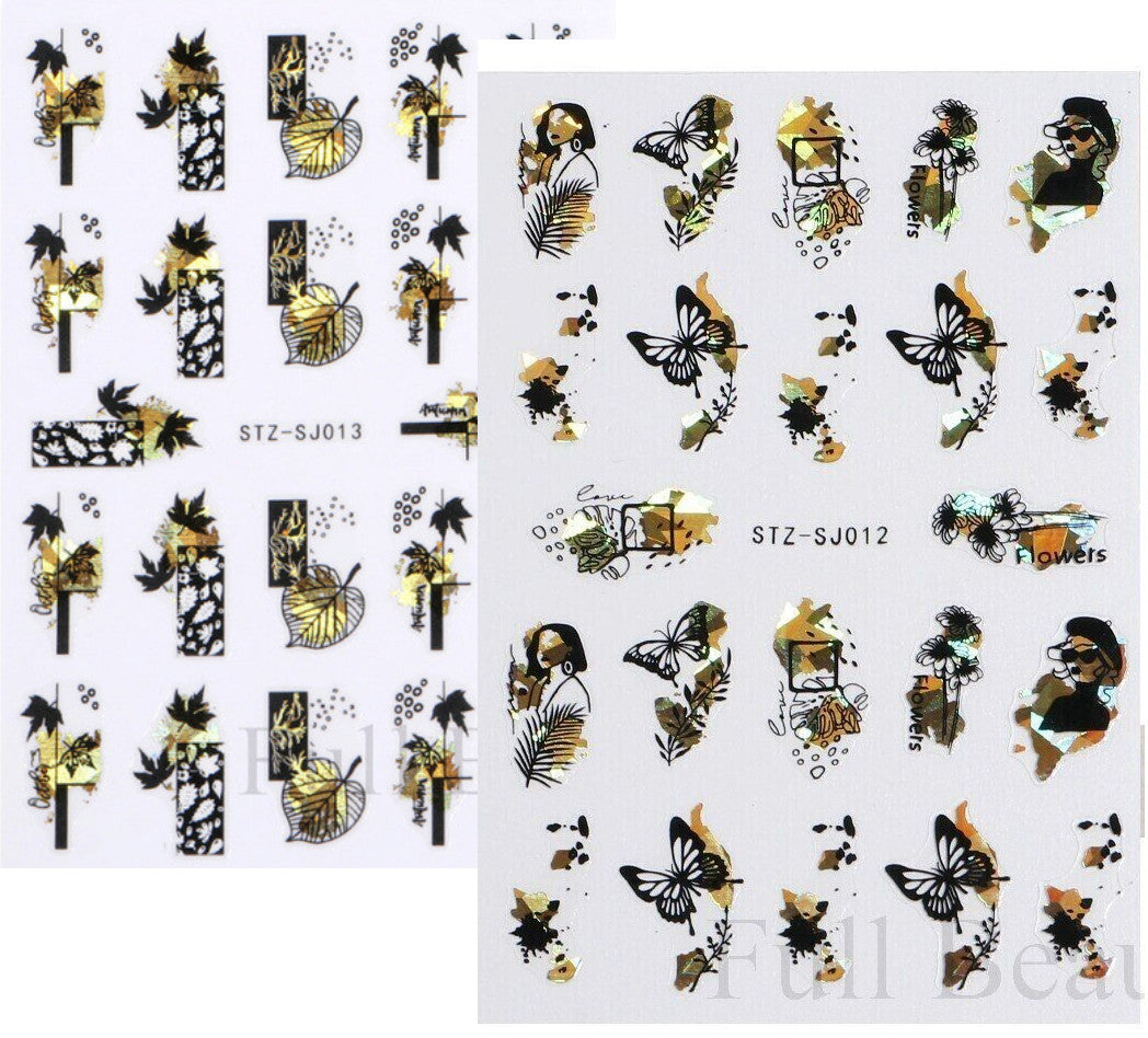 Water Decals Nail Art Stickers Gold Black Lady Leaf Butterfly 2 Sheets