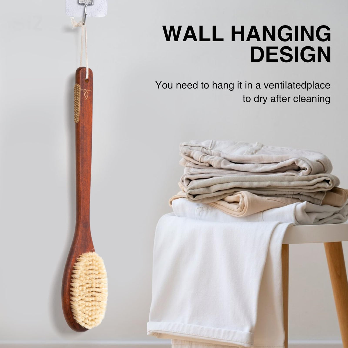 Wooden Bath Brush with Stiff Sisal Bristles Long Handle for Shower Back Scrubber