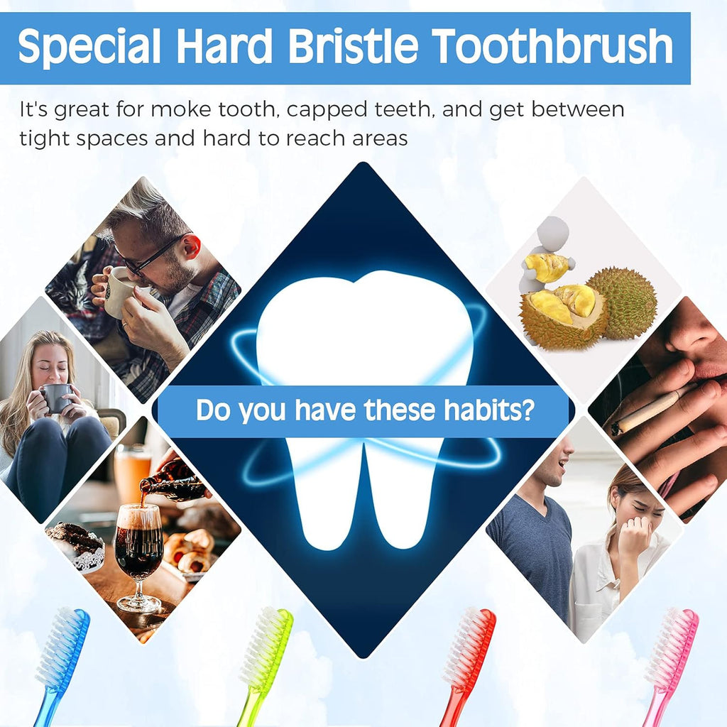 Extra Hard Adult Toothbrush Bulk Set with Long Bristles - Large Size, Firm Cleaning