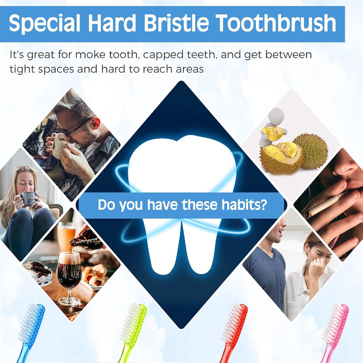 Extra Hard Adult Toothbrush Bulk Set with Long Bristles - Large Size, Firm Cleaning