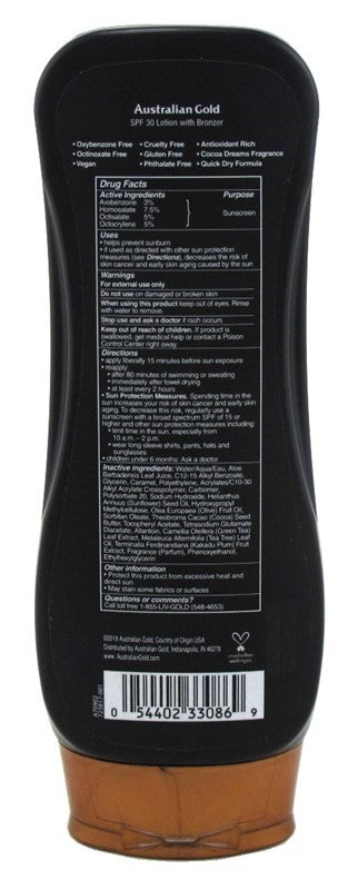 Australian Gold SPF 30 Bronzer Lotion 8oz Water-Resistant Tanning Sunblock