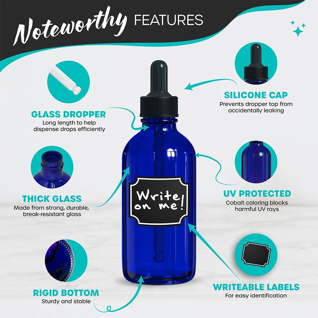 4 oz Cobalt Blue Glass Dropper Bottles Set with Labels for Tinctures & Serums