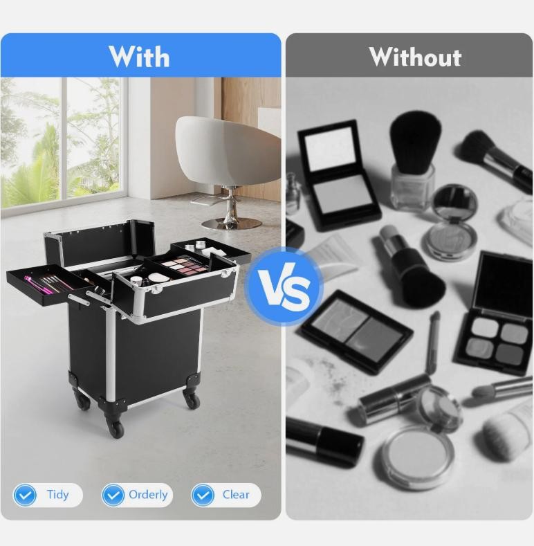 Professional Rolling Makeup Case with Metal Travel Luggage Storage