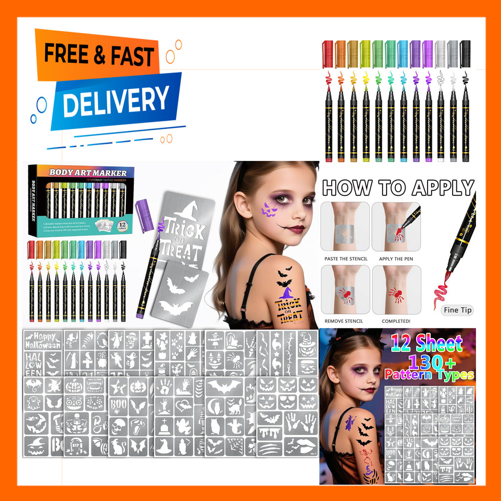 Temporary Tattoo Markers for Skin – Flexible Brush Tip, 12 Metal Body Markers, 169 Stencil Sheets