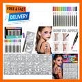 Temporary Tattoo Markers for Skin – Flexible Brush Tip, 12 Metal Body Markers, 169 Stencil Sheets
