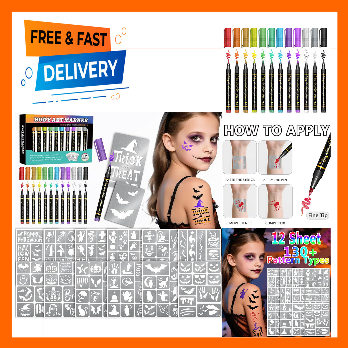 Temporary Tattoo Markers for Skin – Flexible Brush Tip, 12 Metal Body Markers, 169 Stencil Sheets