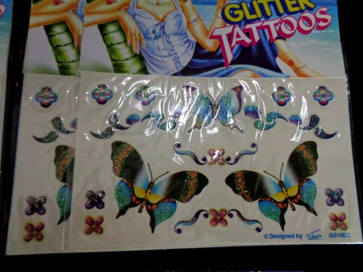 Temporary Glitter Butterfly Tattoo Stickers Set - 12 Sheets, 6 Designs