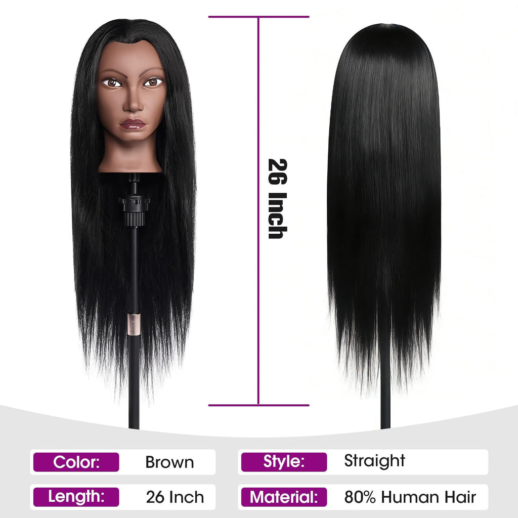 Professional Human Hair Mannequin Head for Hair Styling & Training, 26 Inch Black