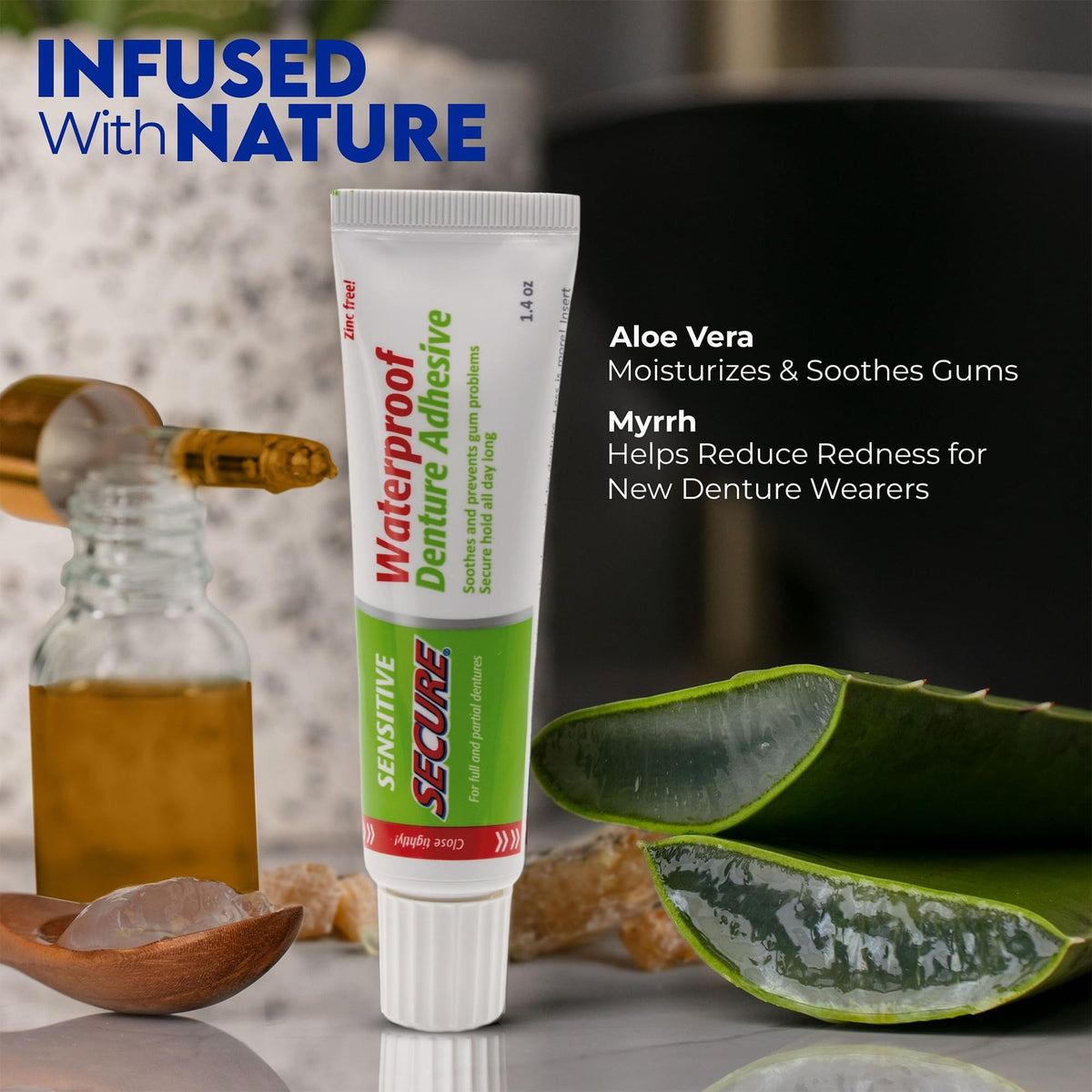 Waterproof Denture Adhesive with Aloe Vera for Sensitive Gums - Zinc-Free, 12-Hour Hold
