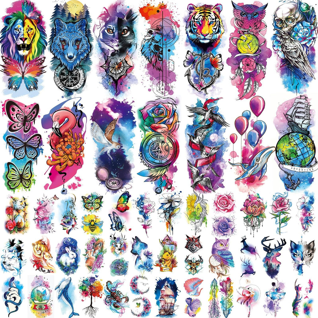 Large Waterproof Temporary Tattoos Set for Women Kids - 86 Sheets Floral & Animal Designs