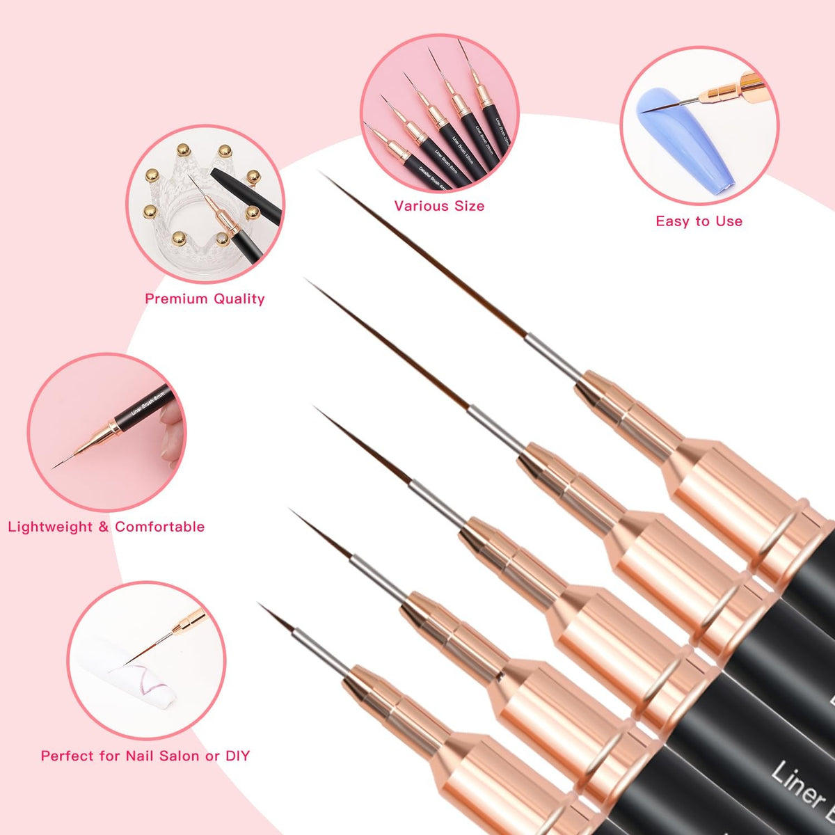 Metallic Nail Art Brushes Set - Fine Detail Line & Pattern Brushes 4mm-25mm