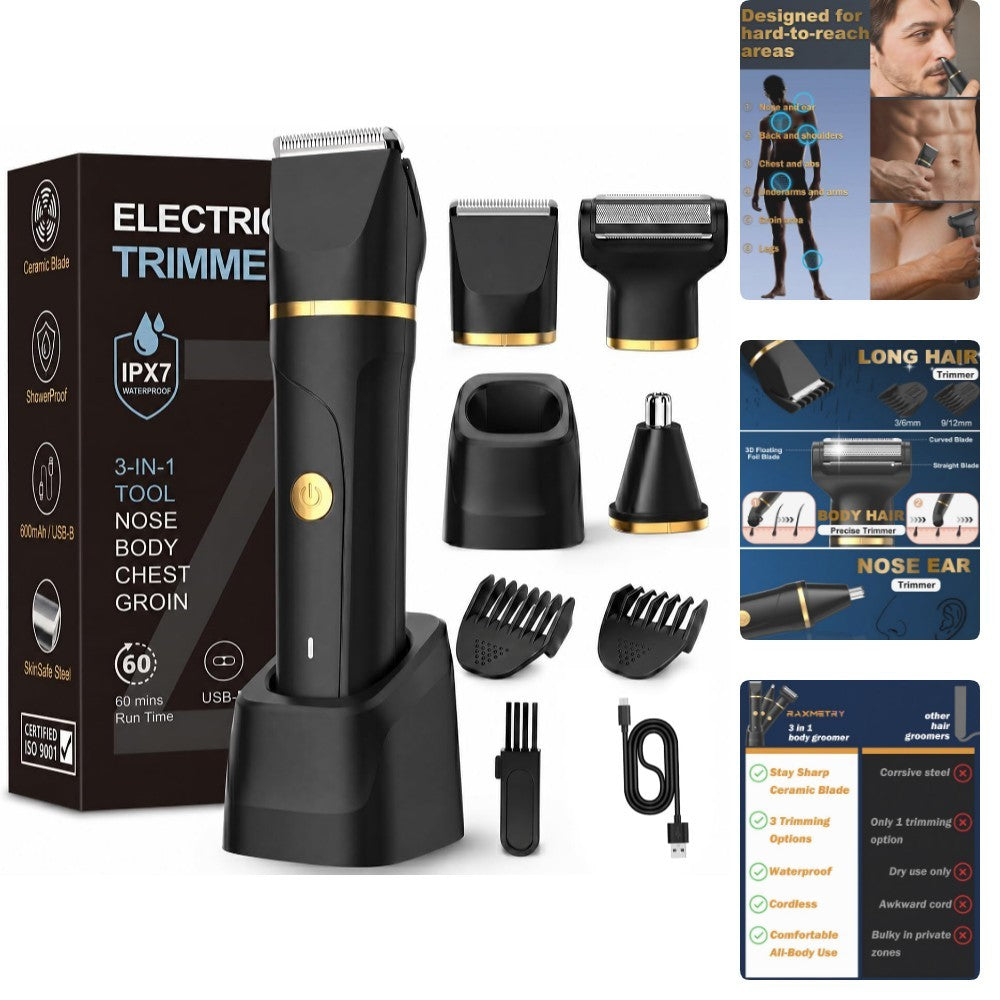 Men's 3-in-1 Waterproof Beard Trimmer & Body Groomer - USB Rechargeable