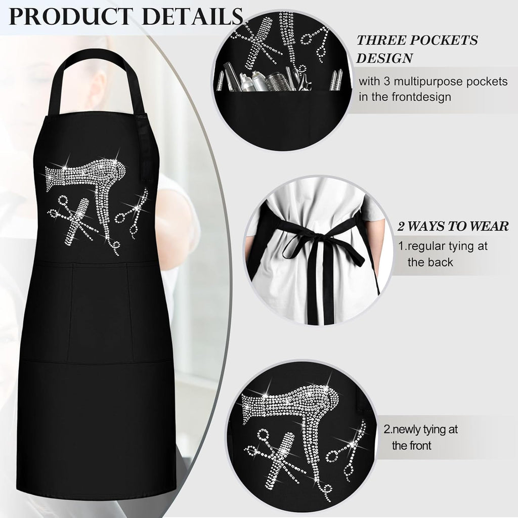 Hair Stylist Apron with Rhinestone Design, 3 Pockets & Adjustable Fit