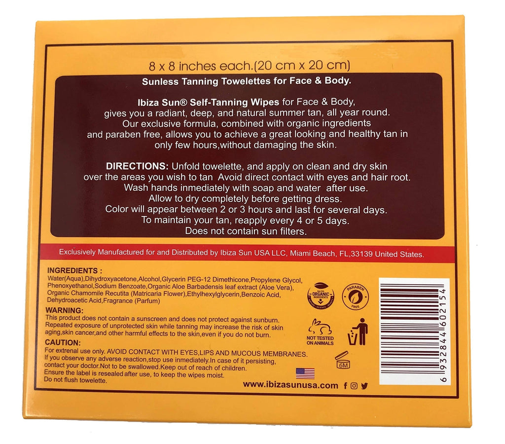 Organic Sunless Tanning Wipes - Self Tanner for Face & Body, 8 Count