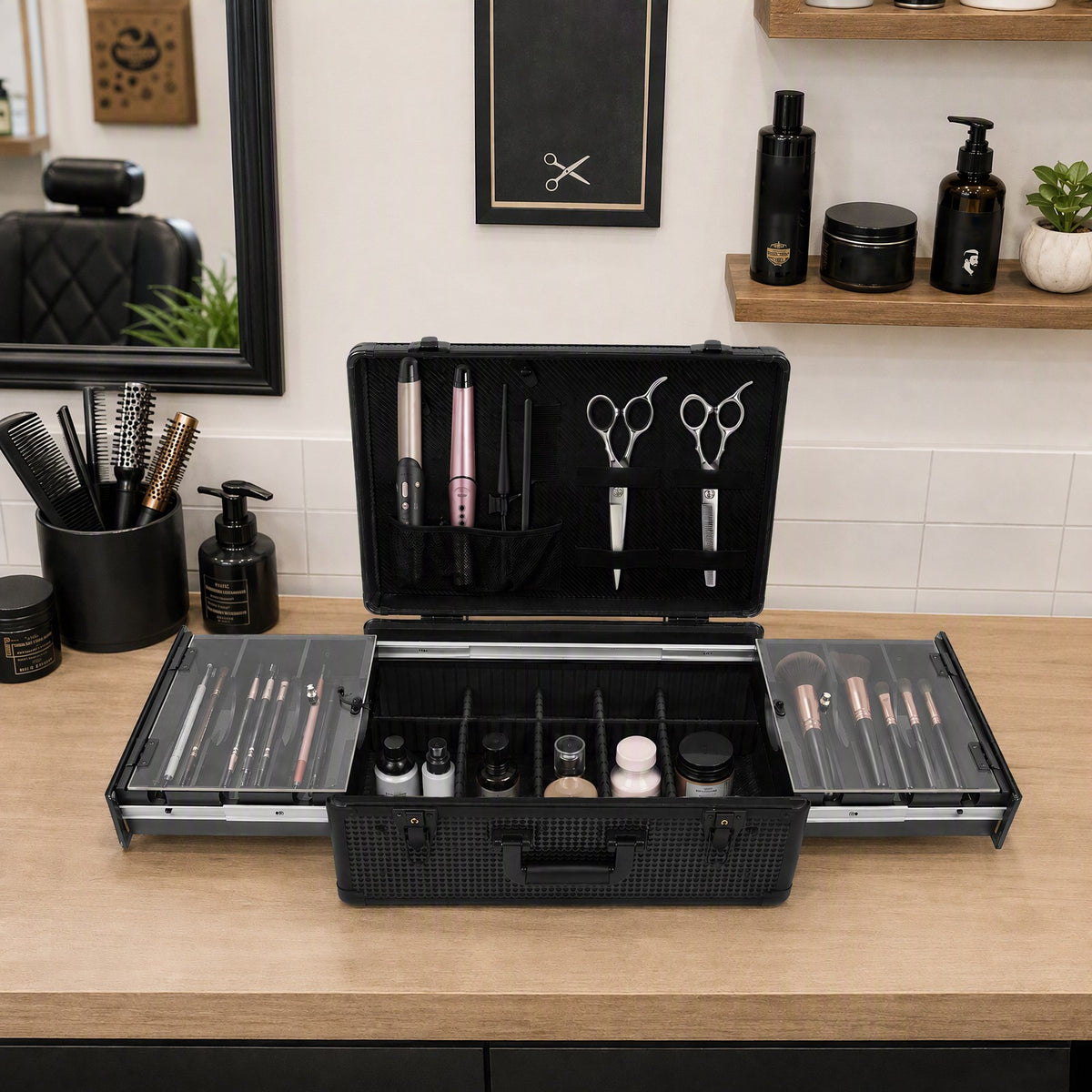 Aluminum Alloy Barber Case with Multiple Compartments for Hair Clippers & Tools